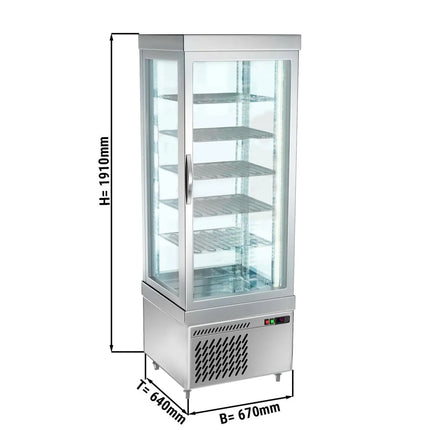 GGM Gastro 4-Sided Glass Display Fridge - 430L - 670mm - with 5 rotating glass shelves - 1 glass door - for patisserie - Silver