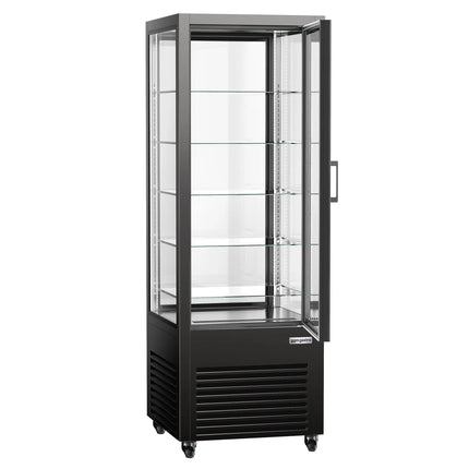 GGM Gastro 4-Sided Glass Display Fridge - 440L - 675mm - Double glazing - with 5 glass shelves - front & rear glass doors - for drinks & dairy - Black