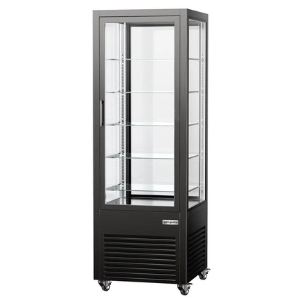 GGM Gastro 4-Sided Glass Display Fridge - 440L - 675mm - Double glazing - with 5 glass shelves - front & rear glass doors - for drinks & dairy - Black