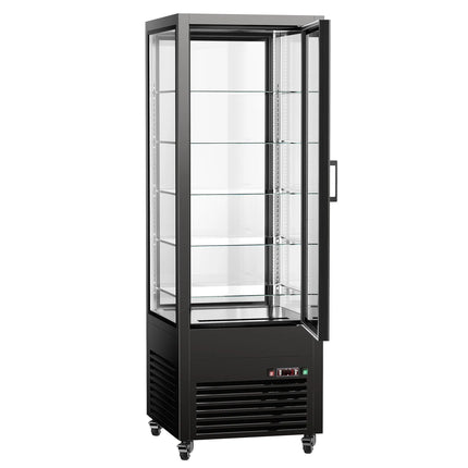 GGM Gastro 4-Sided Glass Display Fridge - 440L - 675mm - Double glazing - with 5 glass shelves - front & rear glass doors - for drinks & dairy - Black