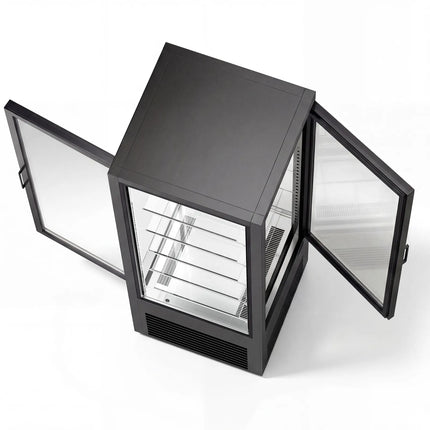 GGM Gastro 4-Sided Glass Display Fridge - 440L - 675mm - Double glazing - with 5 glass shelves - front & rear glass doors - for drinks & dairy - Black