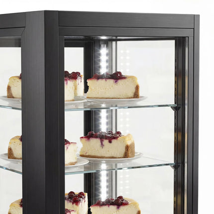 GGM Gastro 4-Sided Glass Display Fridge - 440L - 675mm - Double glazing - with 5 glass shelves - front & rear glass doors - for drinks & dairy - Black