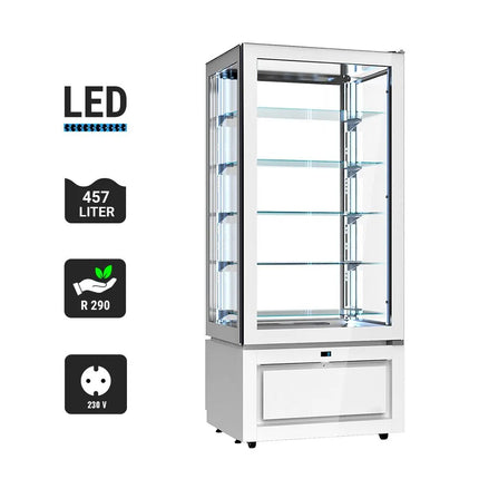 GGM Gastro 4-Sided Glass Display Fridge - 457L - 805mm - Double glazing - square - with 5 glass shelves - 1 glass door front - White
