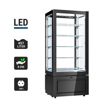 GGM Gastro 4-Sided Glass Display Fridge - 457L - 805mm - with 5 glass shelves - 1 glass door front - for patisserie - Black