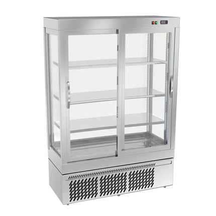 GGM Gastro 4-Sided Glass Display Fridge - 855L - 1320mm - Double glazing - square - with 3 glass shelves - 2 sliding glass doors - Silver