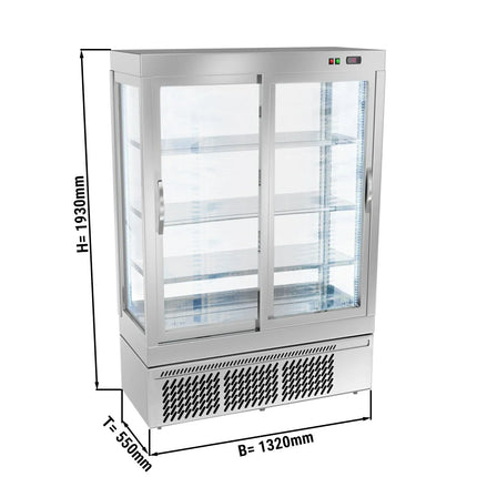 GGM Gastro 4-Sided Glass Display Fridge - 855L - 1320mm - Double glazing - square - with 3 glass shelves - 2 sliding glass doors - Silver