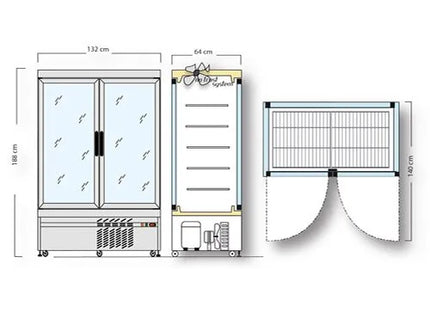 GGM Gastro 4-Sided Glass Display Fridge - 935L - 1320mm - with 10 adjustable shelves - 2 glass doors - Silver