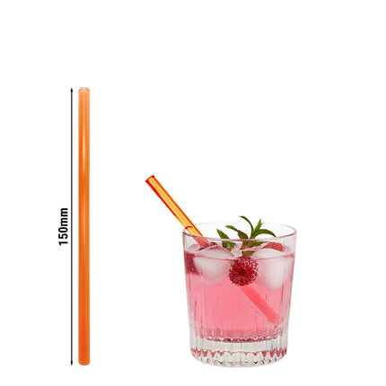 GGM Gastro (50 pcs) Glass Drinking Straws - 150mm - ø 8mm - straight - Neon Orange - incl. 1 Nylon cleaning brush