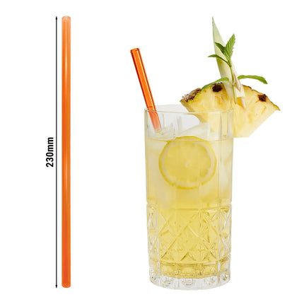GGM Gastro (50 pcs) Glass Drinking Straws - 230mm - ø 8mm - straight - Neon Orange - incl. 1 Nylon cleaning brush