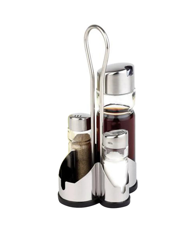 GGM Gastro (6 pcs) Complete Cruet Set ECONOMIC - 4-piece - Stainless steel stand - Glass; Stainless steel lids - with pourer spout included; drip-free - incl. 2 oil & vinegar bottles; 2 salt & pepper shakers; stand