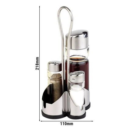 GGM Gastro (6 pcs) Complete Cruet Set ECONOMIC - 4-piece - Stainless steel stand - Glass; Stainless steel lids - with pourer spout included; drip-free - incl. 2 oil & vinegar bottles; 2 salt & pepper shakers; stand