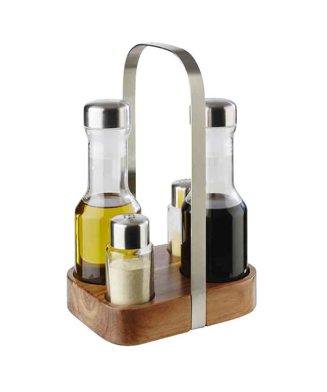 GGM Gastro (6 pcs) Complete Cruet Set PREMIUM - 4-piece - Wooden stand - Glass; Stainless steel lids; Acrylic - with protective base - incl. 2 oil & vinegar bottles; 2 salt & pepper shakers - oil & vinegar; salt & pepper - Height: 245mm