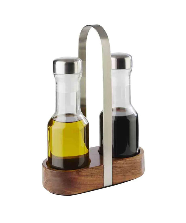 GGM Gastro (6 pcs) Cruet Set - 2-piece - Wooden stand - Glass; Stainless steel lids; Acrylic - incl. 2 oil & vinegar bottles; stand - oil & vinegar - Height: 245mm