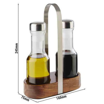 GGM Gastro (6 pcs) Cruet Set - 2-piece - Wooden stand - Glass; Stainless steel lids; Acrylic - incl. 2 oil & vinegar bottles; stand - oil & vinegar - Height: 245mm