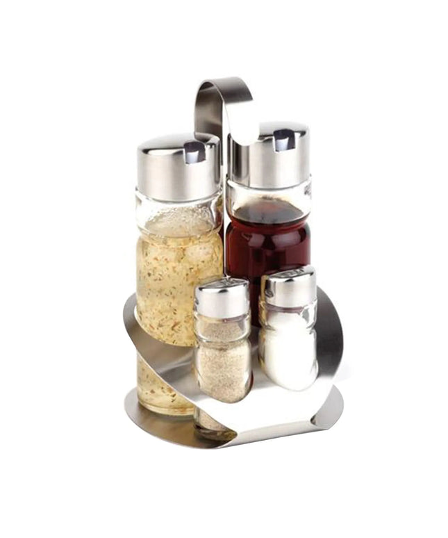 GGM Gastro (6 pcs) Cruet Set PRO - 4-piece - Stainless steel stand - Glass; Stainless steel lids - with pourer spout included - incl. 2 oil & vinegar bottles; 2 salt & pepper shakers - oil & vinegar; salt & pepper