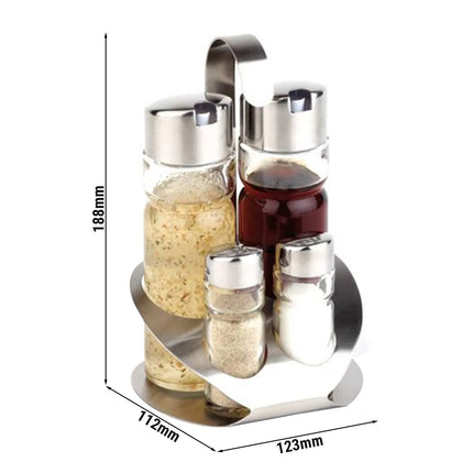 GGM Gastro (6 pcs) Cruet Set PRO - 4-piece - Stainless steel stand - Glass; Stainless steel lids - with pourer spout included - incl. 2 oil & vinegar bottles; 2 salt & pepper shakers - oil & vinegar; salt & pepper