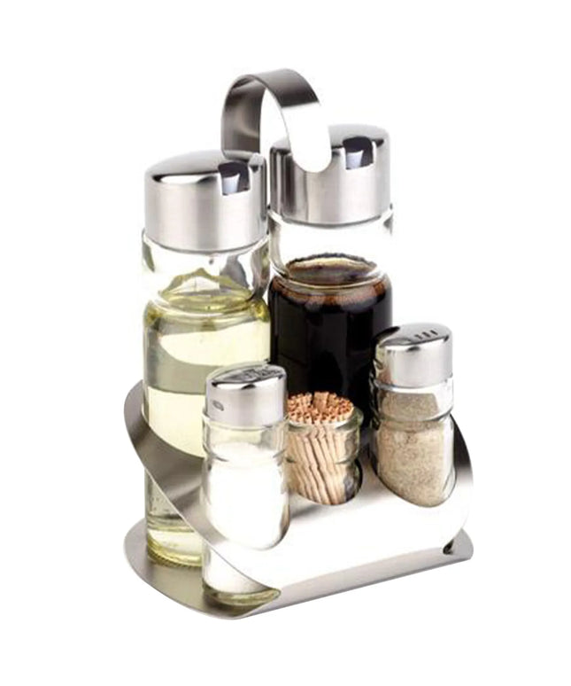 GGM Gastro (6 pcs) Cruet Set PRO - 5-piece - Stainless steel stand - Glass; Stainless steel lids - with drip-free pourer spouts - incl. 5 glass containers - with dishwasher safe