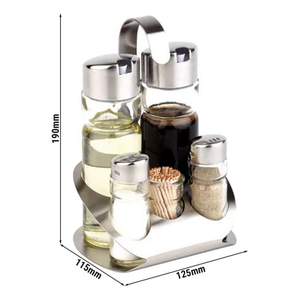 GGM Gastro (6 pcs) Cruet Set PRO - 5-piece - Stainless steel stand - Glass; Stainless steel lids - with drip-free pourer spouts - incl. 5 glass containers - with dishwasher safe