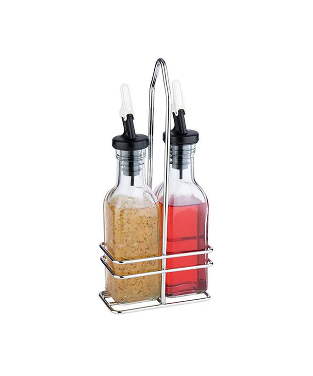GGM Gastro (6 pcs) Oil and Vinegar Cruets - 120ml - Stainless steel stand - Glass - with pourer spout included