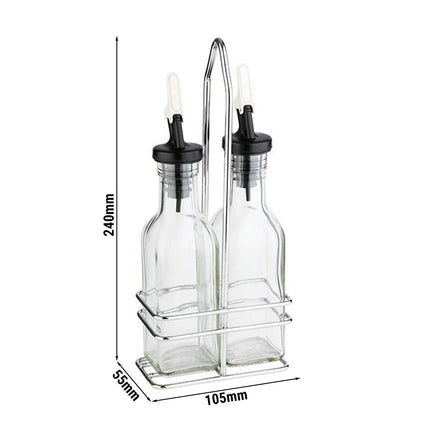 GGM Gastro (6 pcs) Oil and Vinegar Cruets - 120ml - Stainless steel stand - Glass - with pourer spout included