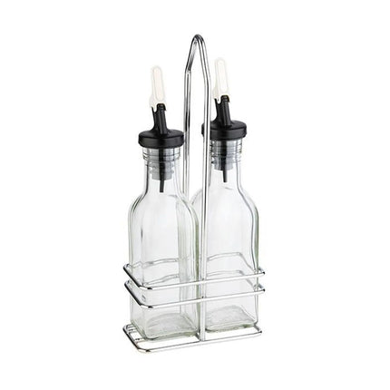 GGM Gastro (6 pcs) Oil and Vinegar Cruets - 120ml - Stainless steel stand - Glass - with pourer spout included