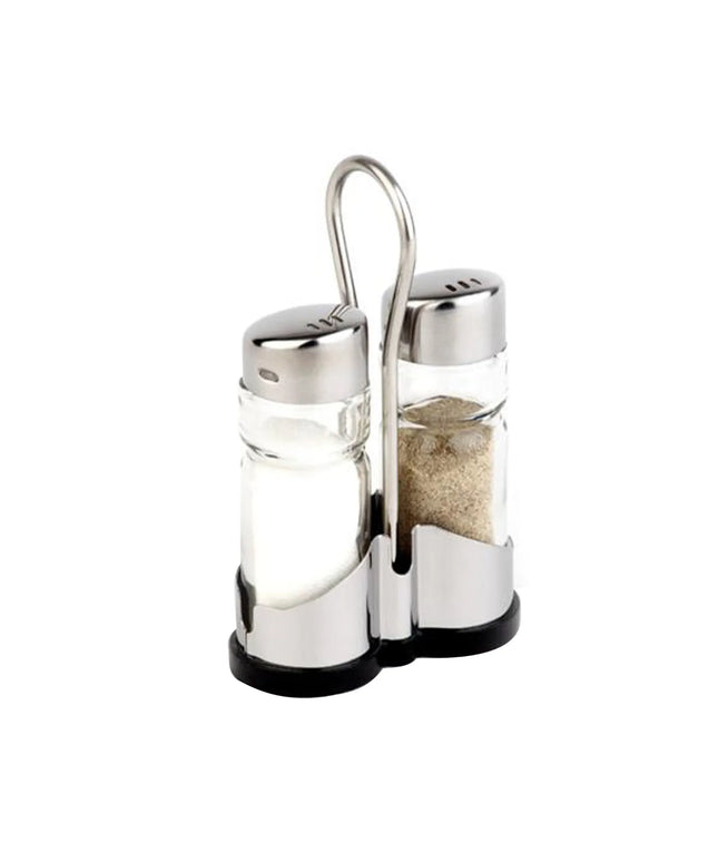 GGM Gastro (6 pcs) Salt and Pepper Cruet Set and Stand ECONOMIC - 2-piece - Stainless steel stand - Glass; Stainless steel lid - with twist cap - incl. 2 salt & pepper shakers; stand