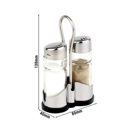 GGM Gastro (6 pcs) Salt and Pepper Cruet Set and Stand ECONOMIC - 2-piece - Stainless steel stand - Glass; Stainless steel lid - with twist cap - incl. 2 salt & pepper shakers; stand