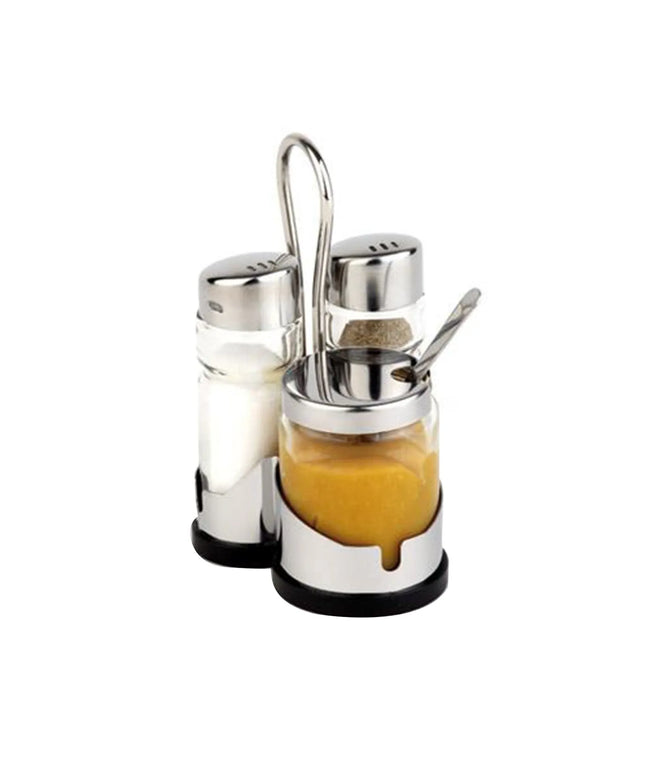 GGM Gastro (6 pcs) Salt and Pepper Cruet Set and Stand ECONOMIC - 3-piece - with stainless steel lids & spoon - incl. stainless steel stand - salt & pepper; mustard pot with spoon