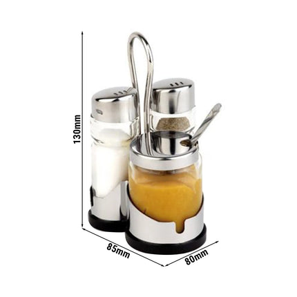GGM Gastro (6 pcs) Salt and Pepper Cruet Set and Stand ECONOMIC - 3-piece - with stainless steel lids & spoon - incl. stainless steel stand - salt & pepper; mustard pot with spoon