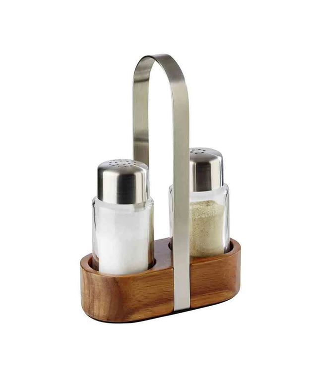 GGM Gastro (6 pcs) Salt and Pepper Cruet Set and Stand PREMIUM - 2-piece - Wooden stand - Glass - with stainless steel lids - incl. 2 salt & pepper shakers - salt & pepper - Height: 170mm