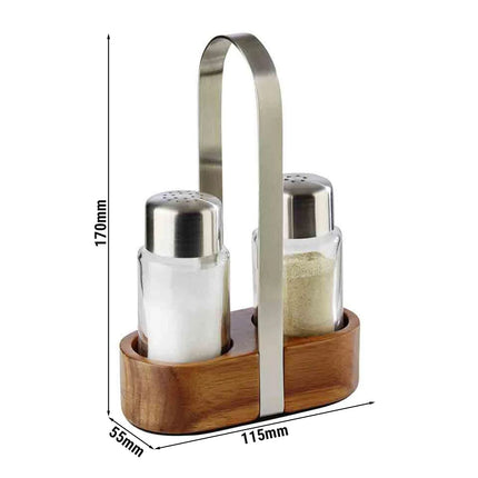 GGM Gastro (6 pcs) Salt and Pepper Cruet Set and Stand PREMIUM - 2-piece - Wooden stand - Glass - with stainless steel lids - incl. 2 salt & pepper shakers - salt & pepper - Height: 170mm
