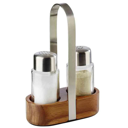 GGM Gastro (6 pcs) Salt and Pepper Cruet Set and Stand PREMIUM - 2-piece - Wooden stand - Glass - with stainless steel lids - incl. 2 salt & pepper shakers - salt & pepper - Height: 170mm