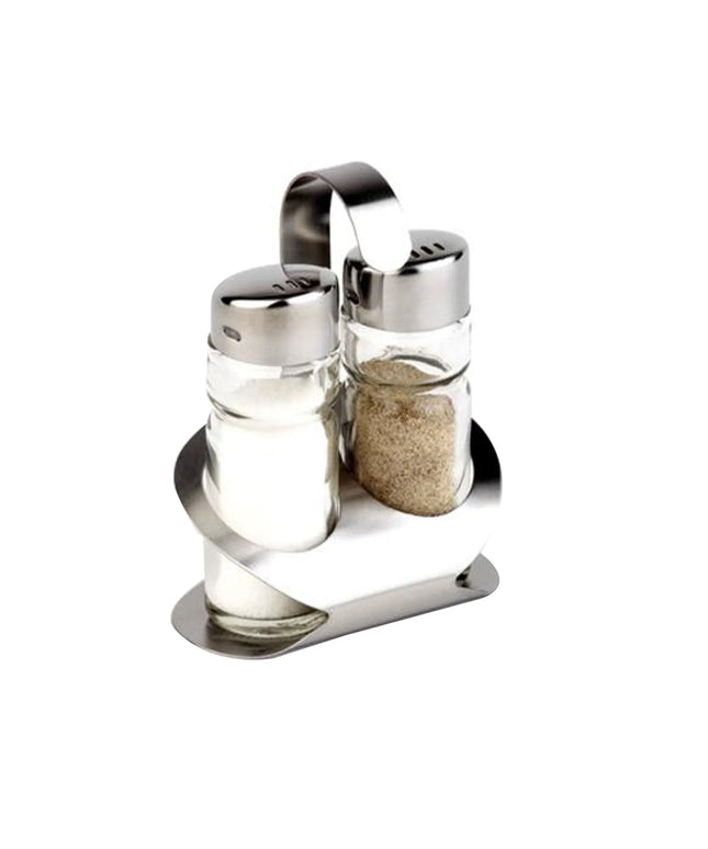 GGM Gastro (6 pcs) Salt and Pepper Cruet Set and Stand PRO - 2-piece - Stainless steel stand - Glass - with stainless steel lids - incl. 2 salt & pepper shakers; stainless steel stand - salt & pepper