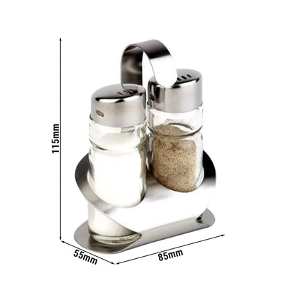 GGM Gastro (6 pcs) Salt and Pepper Cruet Set and Stand PRO - 2-piece - Stainless steel stand - Glass - with stainless steel lids - incl. 2 salt & pepper shakers; stainless steel stand - salt & pepper