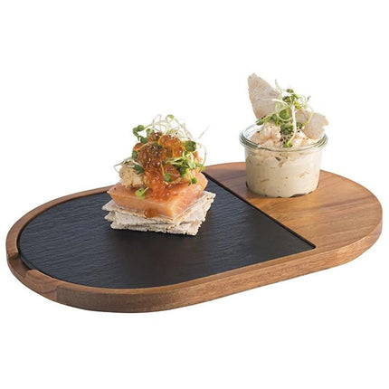 GGM Gastro (6 pcs) Serving Board - FUSIONA - 2-piece set - incl. slate plate - acacia wood - 280x175mm - oval