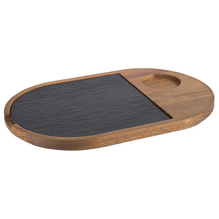 GGM Gastro (6 pcs) Serving Board - FUSIONA - 2-piece set - incl. slate plate - acacia wood - 280x175mm - oval