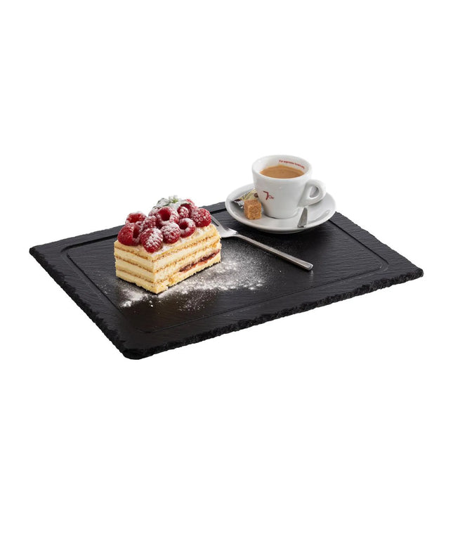 GGM Gastro (6 pcs) Slate Serving Board - Natural Slate - 330x240mm - with 1 recess Ø95mm - with Grooved Border - Black