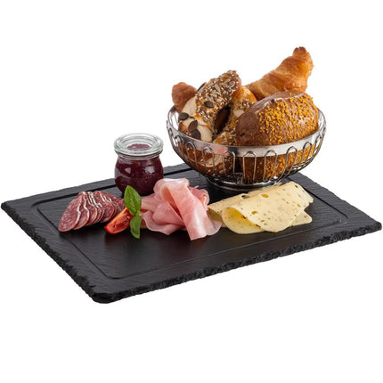GGM Gastro (6 pcs) Slate Serving Board - Natural Slate - 330x240mm - with 1 recess Ø95mm - with Grooved Border - Black