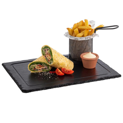 GGM Gastro (6 pcs) Slate Serving Board - Natural Slate - 330x240mm - with 1 recess Ø95mm - with Grooved Border - Black