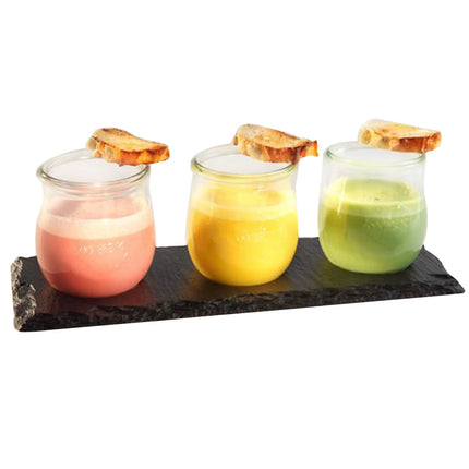 GGM Gastro (6 pcs) Slate Serving Board - Natural Slate - 6-piece set - 280x100mm - with 3 recesses Ø 60mm - Black