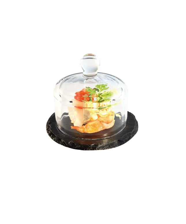 GGM Gastro (6 pcs) Slate Serving Board - with Glass Cloche - Natural Slate - 2-piece set - Ø105mm - Height: 95mm - Black