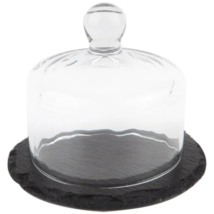 GGM Gastro (6 pcs) Slate Serving Board - with Glass Cloche - Natural Slate - 2-piece set - Ø105mm - Height: 95mm - Black