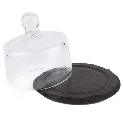 GGM Gastro (6 pcs) Slate Serving Board - with Glass Cloche - Natural Slate - 2-piece set - Ø105mm - Height: 95mm - Black