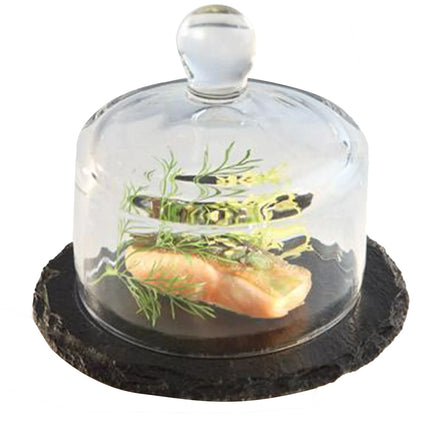 GGM Gastro (6 pcs) Slate Serving Board - with Glass Cloche - Natural Slate - 2-piece set - Ø105mm - Height: 95mm - Black