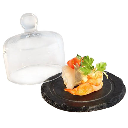 GGM Gastro (6 pcs) Slate Serving Board - with Glass Cloche - Natural Slate - 2-piece set - Ø105mm - Height: 95mm - Black