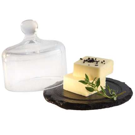 GGM Gastro (6 pcs) Slate Serving Board - with Glass Cloche - Natural Slate - 2-piece set - Ø105mm - Height: 95mm - Black