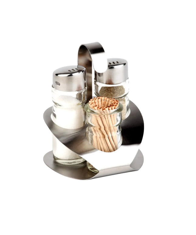 GGM Gastro (6 pieces) Commercial condiment set PRO - Stainless steel stand - Incl. 3 glass containers
