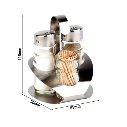 GGM Gastro (6 pieces) Commercial condiment set PRO - Stainless steel stand - Incl. 3 glass containers