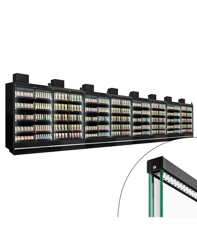 GGM Gastro (8 pcs) Commercial multideck display fridge - 15000mm - with 4 hinged glass doors & 4 shelves - Black