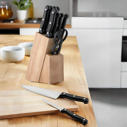 GGM Gastro (9 pieces) Kitchen Knife Block Set – Stainless Steel Blades - Wood Block - Scissors & Honing Steel